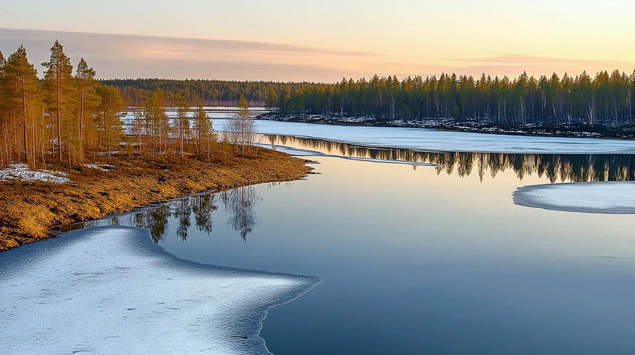 Northern Finland spring sunset with melting ice, river reflections, and a peaceful lake landscape.