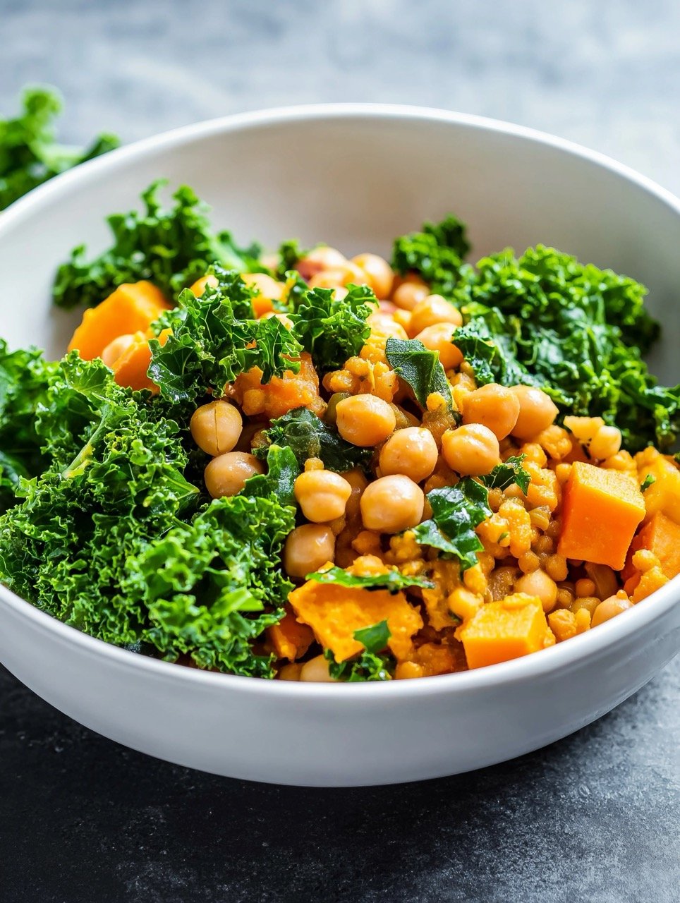 Nutritious Vegan Stew with Chickpeas, Sweet Potato, and Kale in White Bowl for Healthy Diet