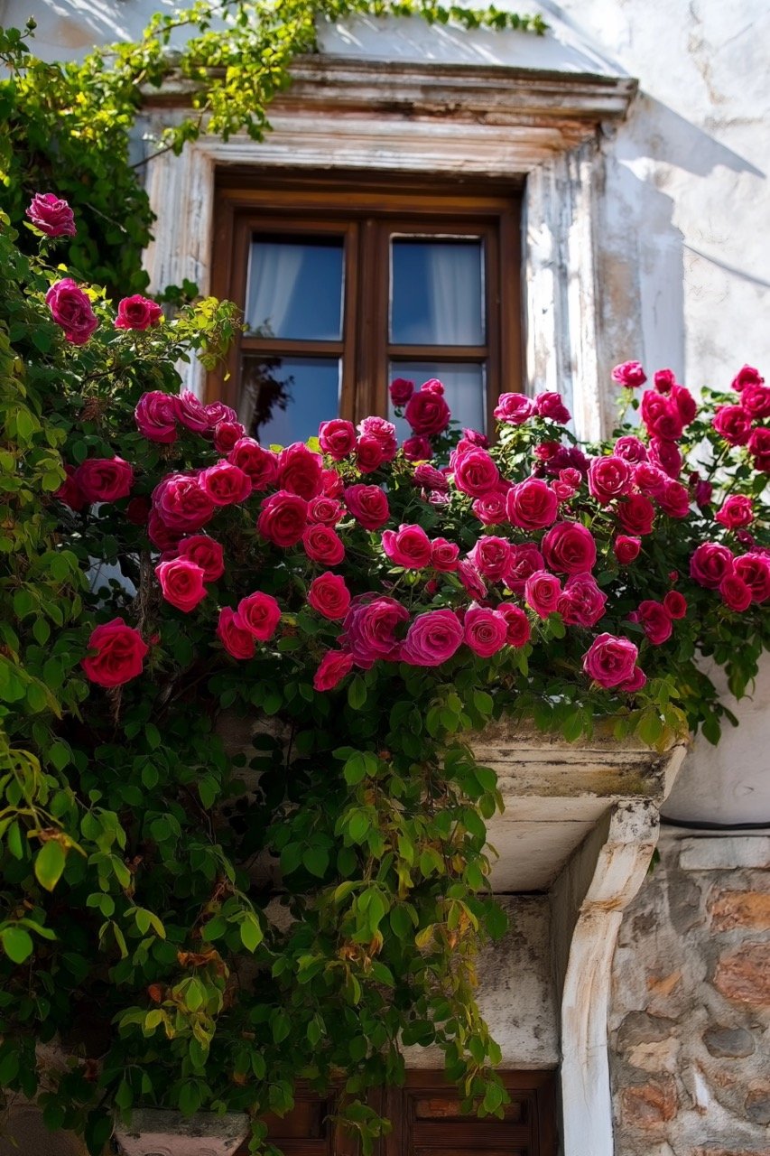 Old House Facade with Roses in Foca, Turkey Architectural Feature, Blossom, and Nature’s Beauty