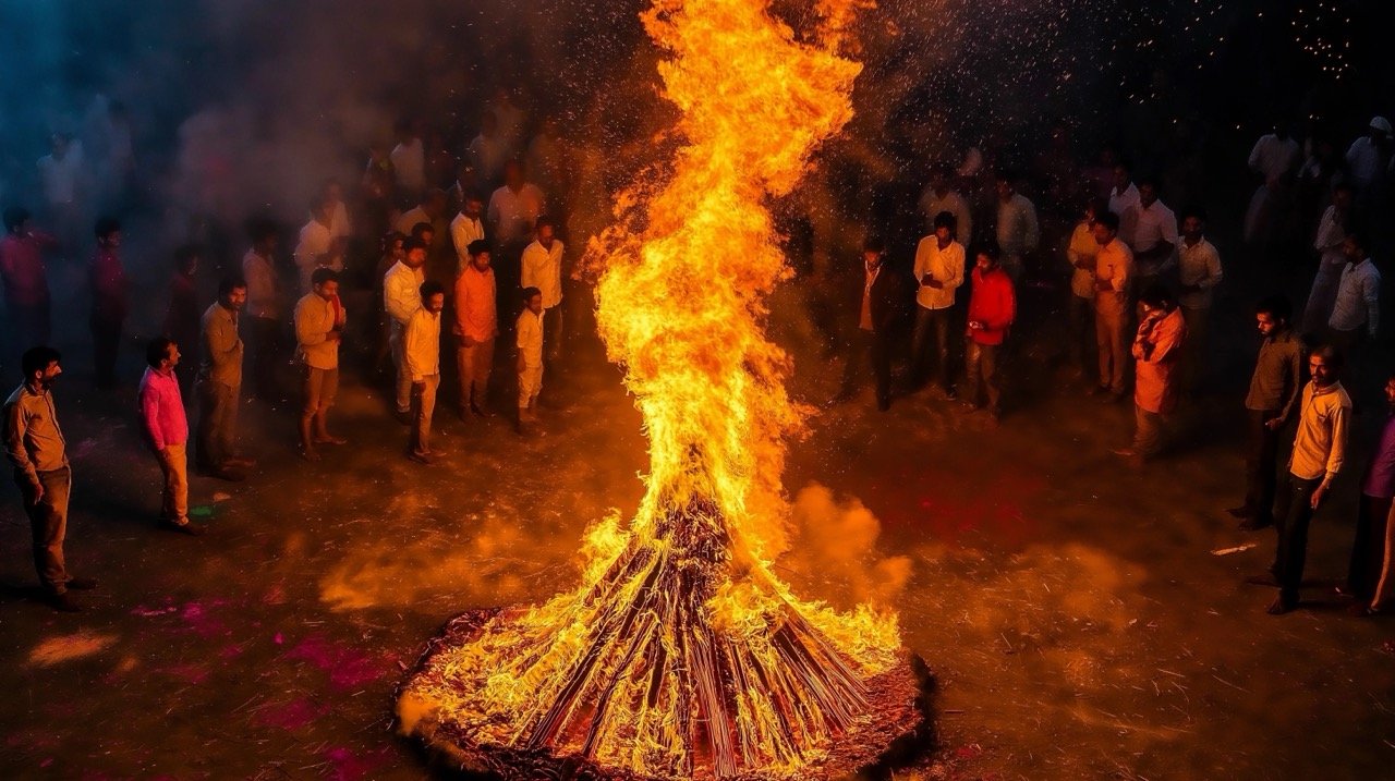 People celebrating Holi festival in Maharashtra, India, during Holika Dahan with vibrant burning flames.