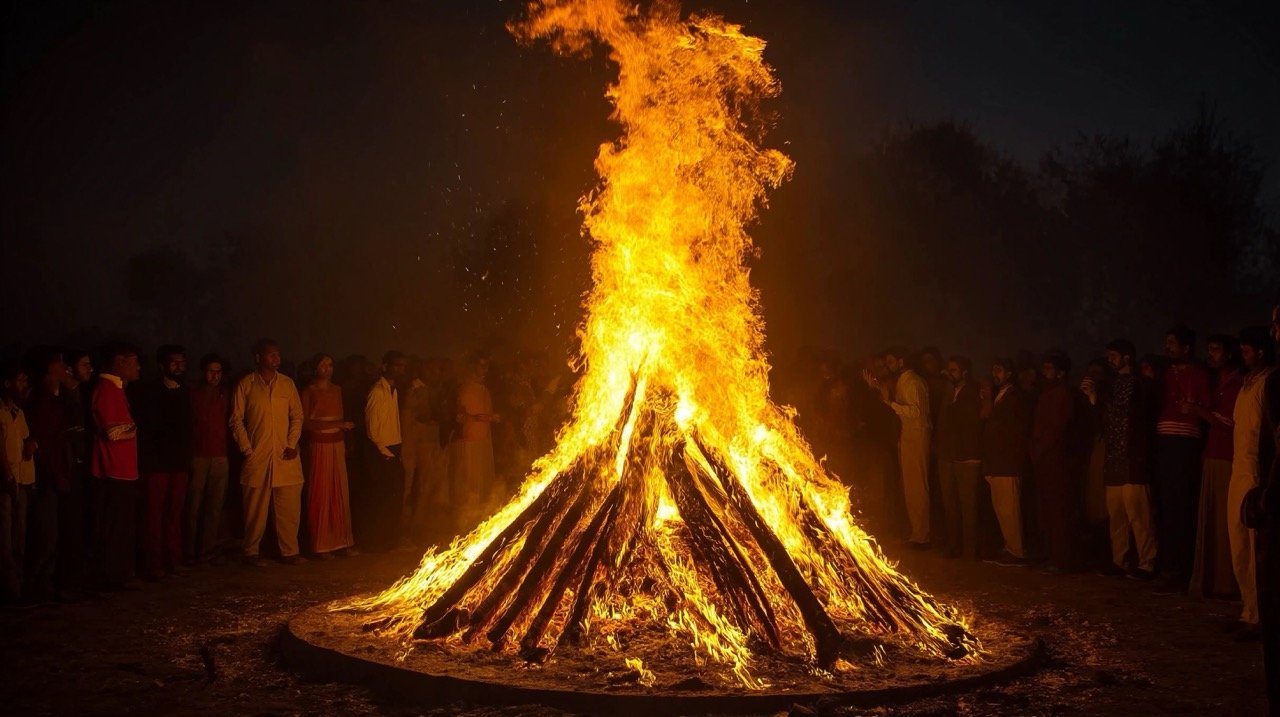 People gathered around giant bonfire celebrating Lohri, Holika Dahan, and Winter Solstice with fire.