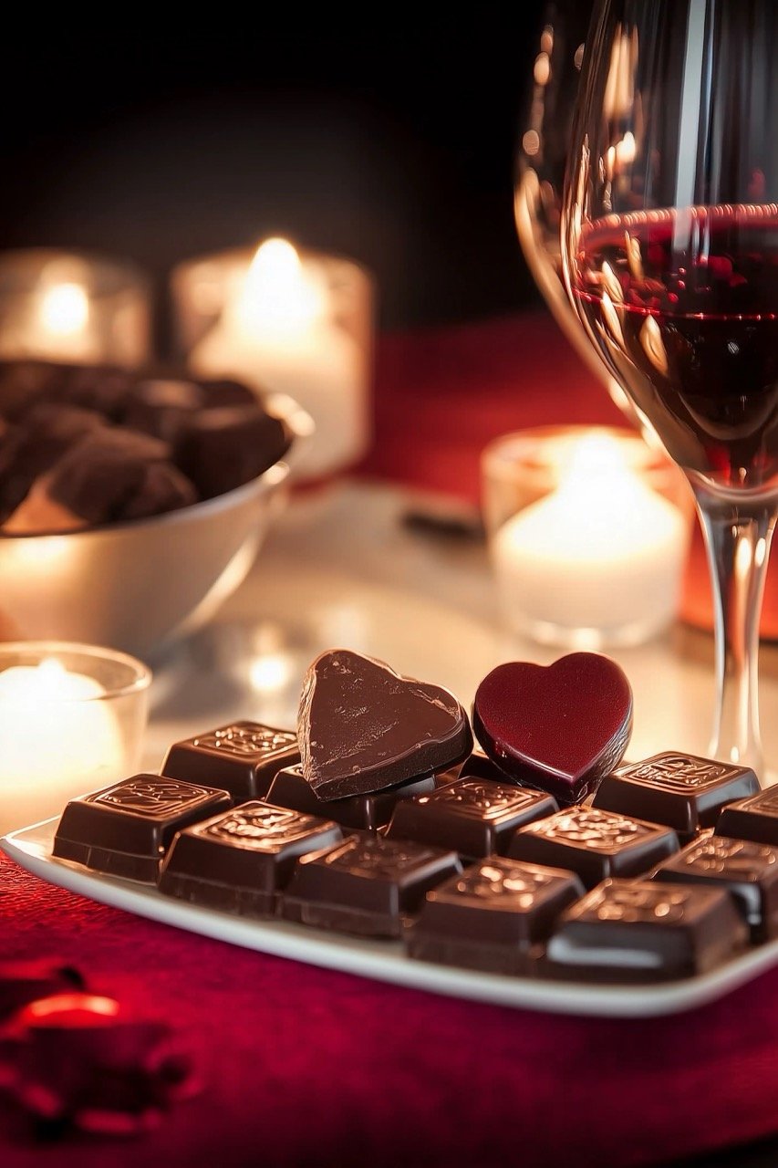 Perfect romantic dinner setting with candles, wine, chocolate, and cozy Valentine’s Day atmosphere