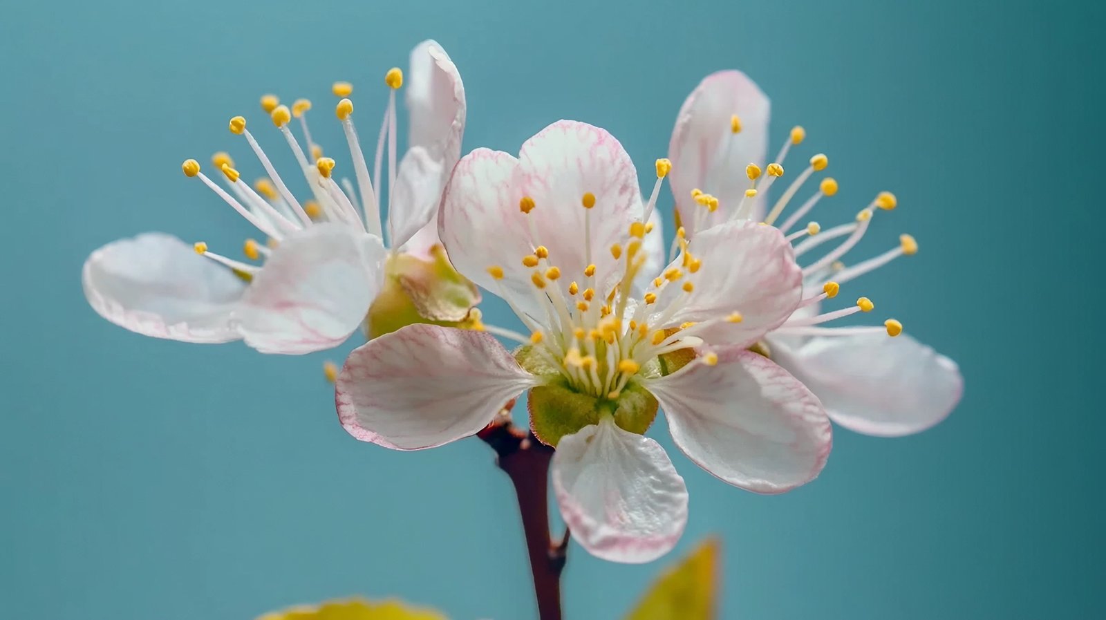 Plum flower (Prunus) blooming in time-lapse, showcasing growth against blue background with slider motion.