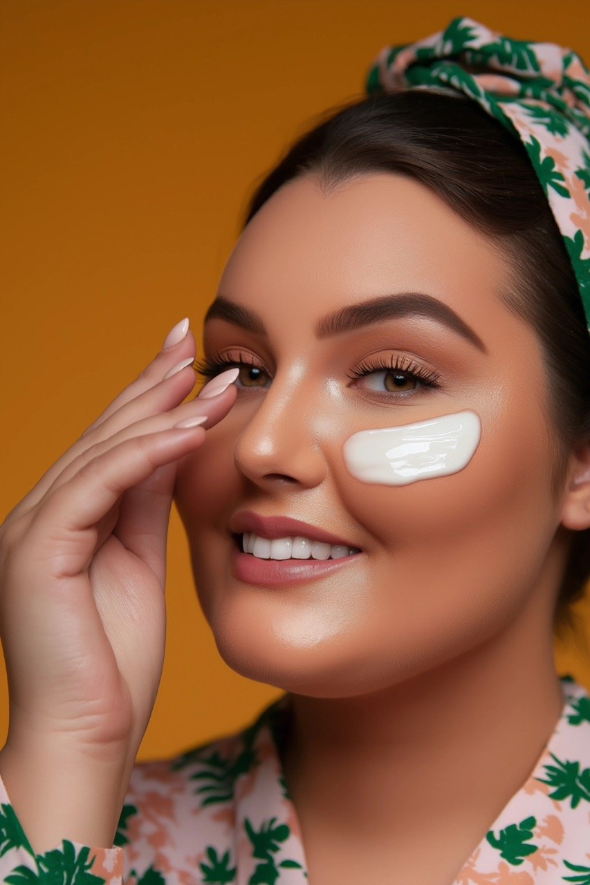 Plus-Size Woman Smiling While Using Face Cream for Her Skincare Routine in Premium Stock Photo