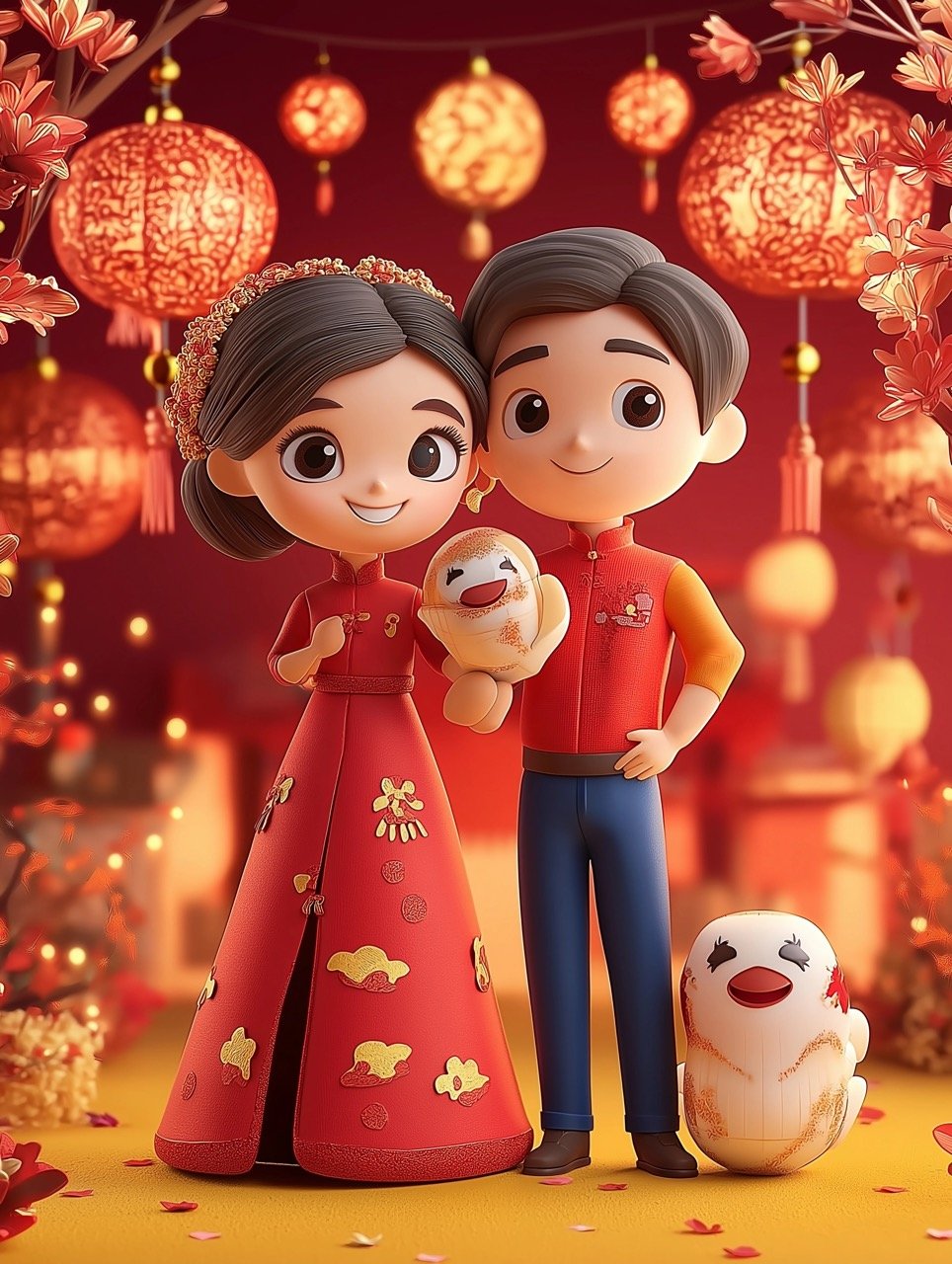 Premium 3D Couple Portrait for Tet Vietnamese New Year Celebration Stunning Stock Image for Festive Designs