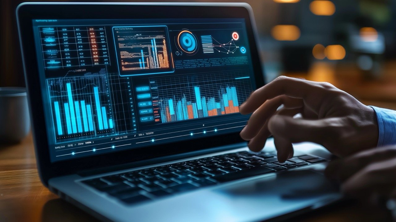 Professional Businessman Analyzing Business Metrics and KPIs on Laptop Dashboard for Operational Performance Insights