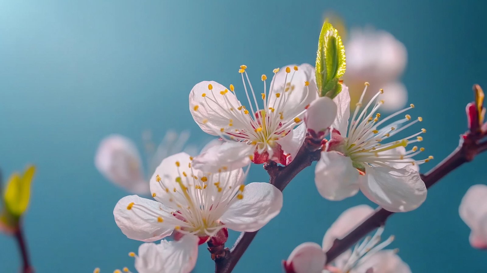 Prunus Plum flower blooming in time-lapse, with blue background and vertical slider movement capturing growth.