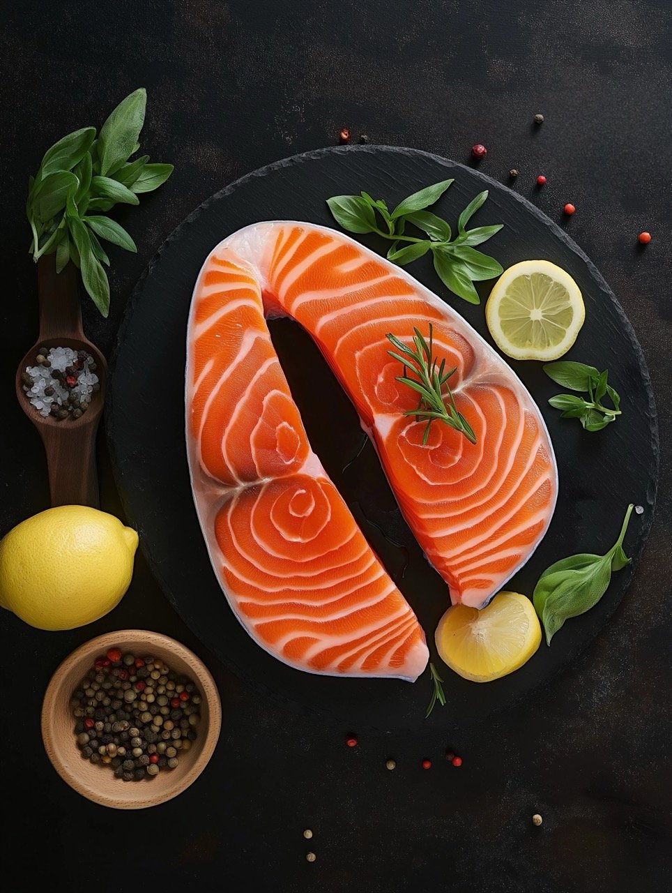 Raw Salmon Fish with Lemon, Herbs, and Cooking Ingredients Ready for Grilling on Black Background