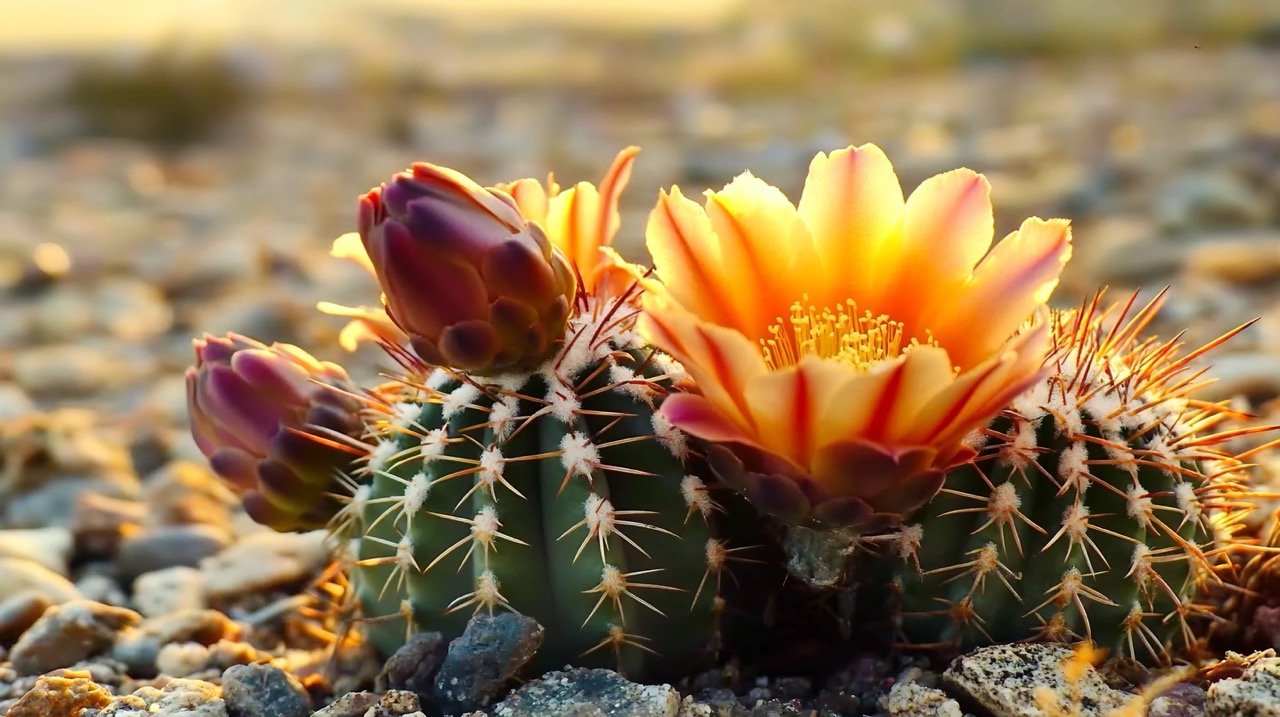 Rebutia cactus flowers blooming in a beautiful time lapse video in a desert area, 4K quality.