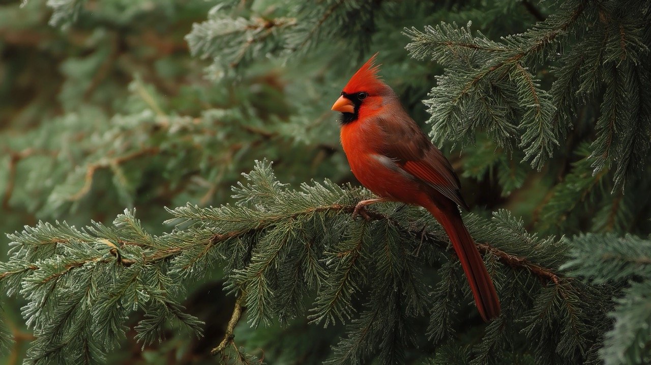 Red cardinal perched on a spruce tree branch, a vibrant bird in winter’s snowy landscape.