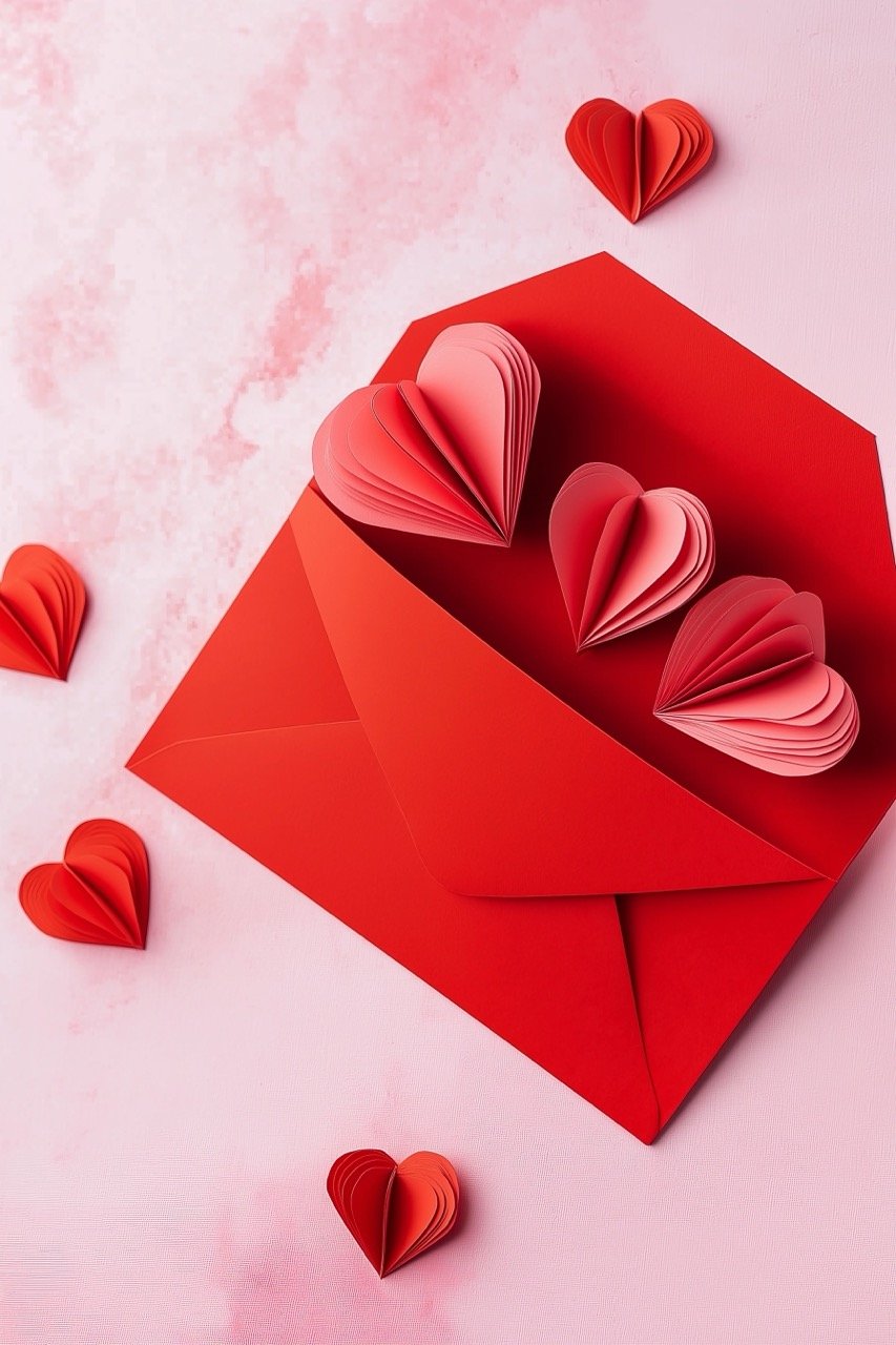 Red envelope with paper hearts on a soft pink backdrop, perfect for Valentine’s Day love celebration.