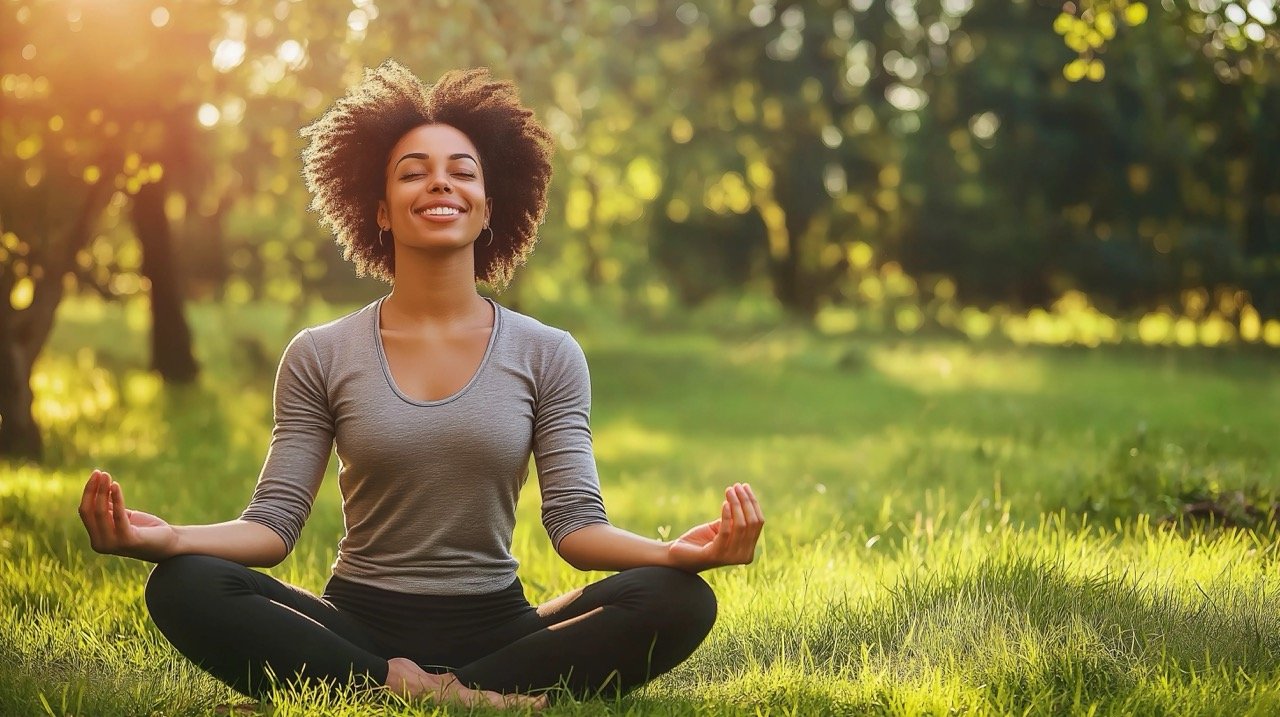 Relaxed Woman in Yoga Pose Outdoors, Embracing Healthy Lifestyle, Nature, and Wellbeing Concept