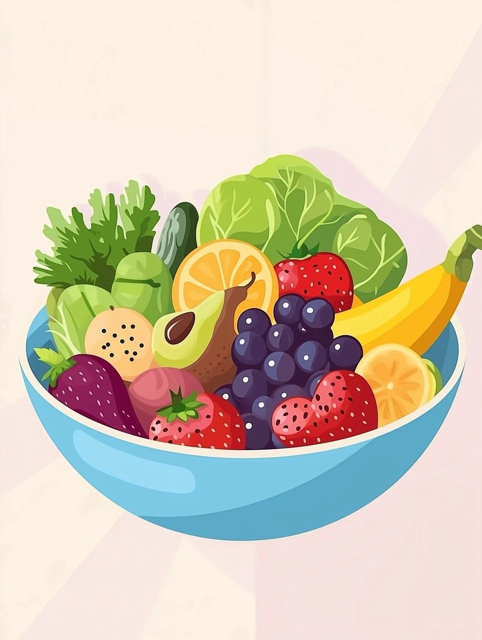 Ripe Summer Fruits and Vegetables with Greens and Berries in a Deep Plate, Vector Illustration