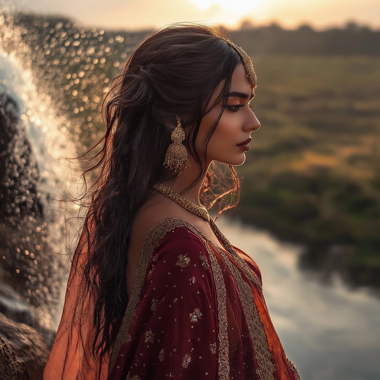 Riverside sunrise with Heer, her gaze fixed on the horizon as the morning light unfolds.