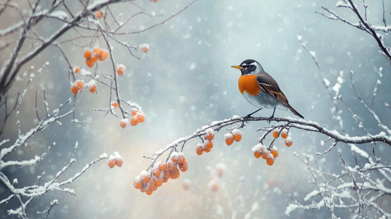 Robin in Snowy Winter Landscape Perched on Branch Stunning Stock Photo for Nature and Wildlife Photography