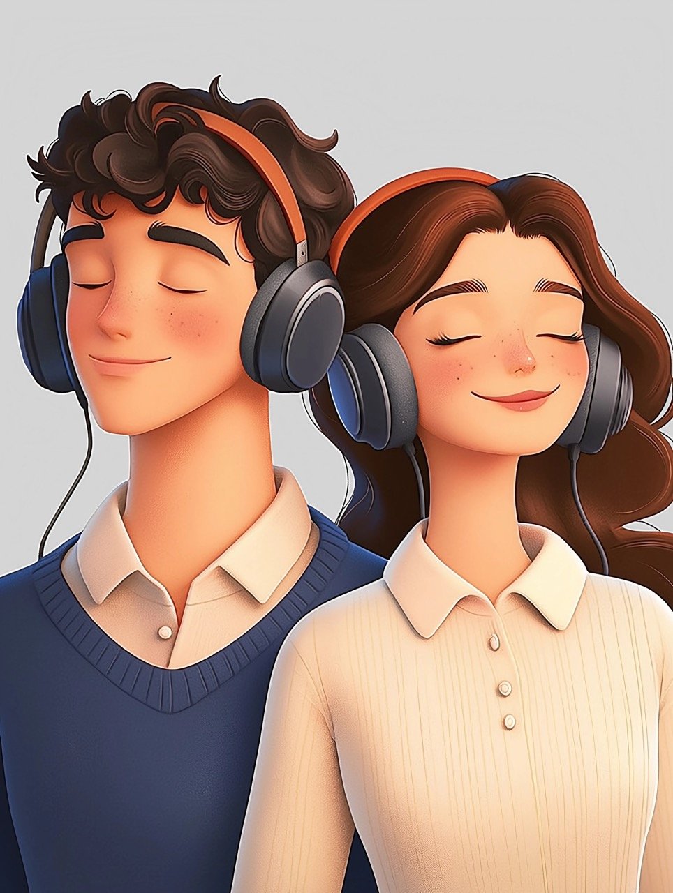 Romantic Cartoon Couple Listening to Music Perfect Generative AI Stock Art for Love-Themed Design Projects