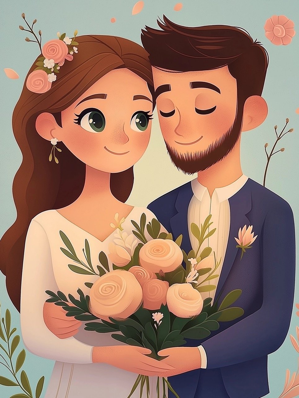 Romantic Cute Couple with Flowers Premium Generative AI Stock Image for Love, Weddings, and Valentine’s Day Visuals