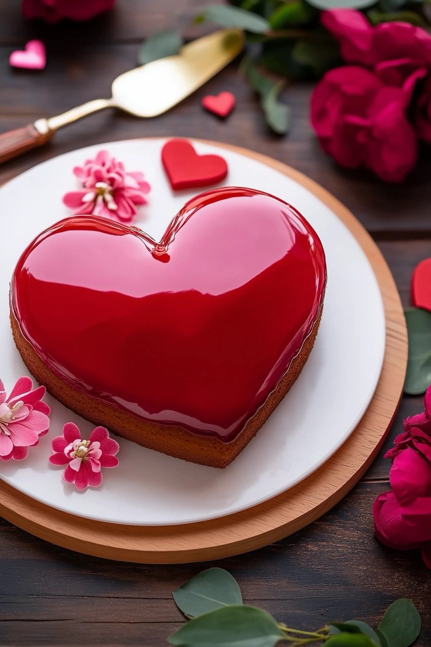 Romantic Valentine’s Day heart-shaped glazed cake and colorful flowers on a rustic wooden table setting.