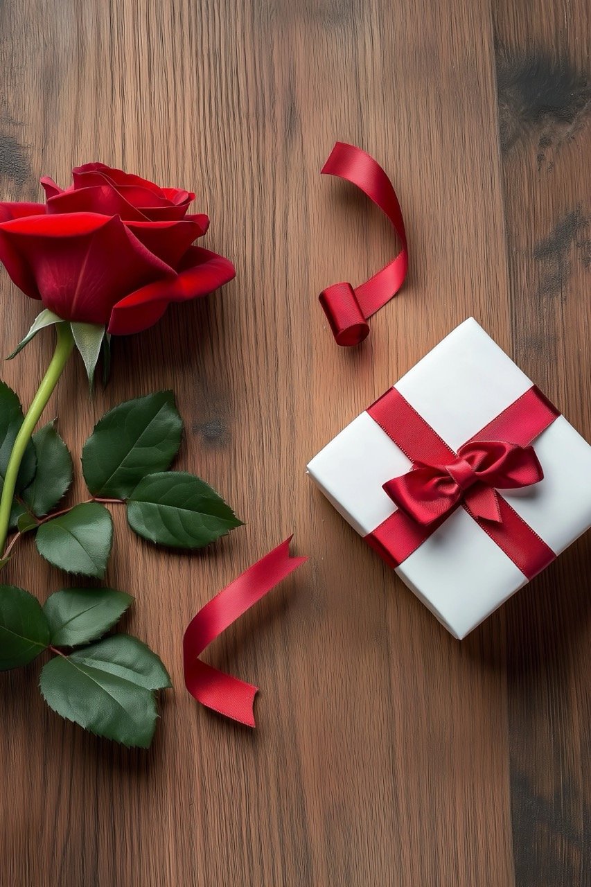 Romantic setting with red rose, red ribbon, and gift on wooden table for Valentine’s Day.