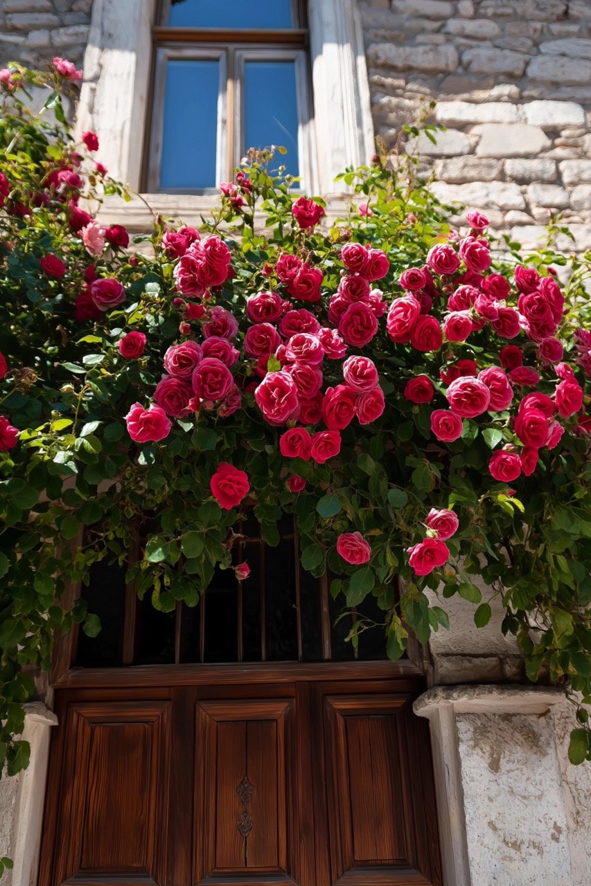 Roses on the Facade of an Old House in Foca, Turkey Architectural Beauty and Blossom