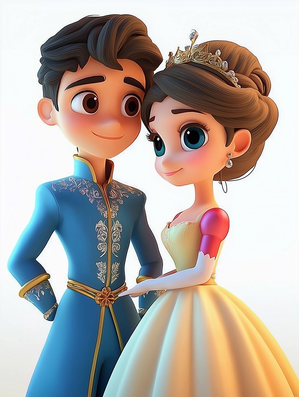 Royal 3D Cartoon Princess and Prince Illustration Perfect Fairytale Stock Image for Romantic Projects and Marketing