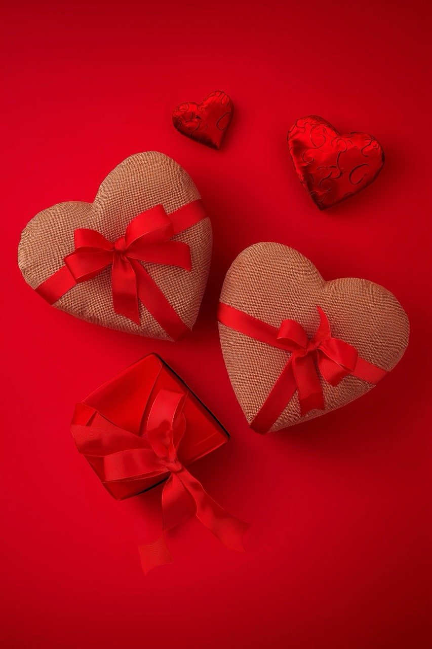 Saint Valentine’s top view with heart-shaped gift box, red ribbon, candles, and love hearts composition.