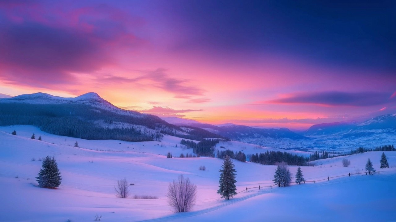 Scenic Colorful Sunset with Snow-Capped Mountains in Winter Night Landscape for Perfect Backgrounds