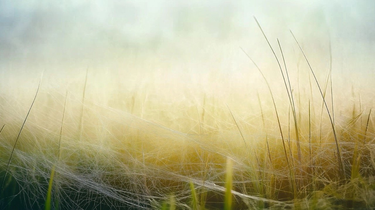 Serene winter morning with mist and golden fields, offering a soft and tranquil landscape view