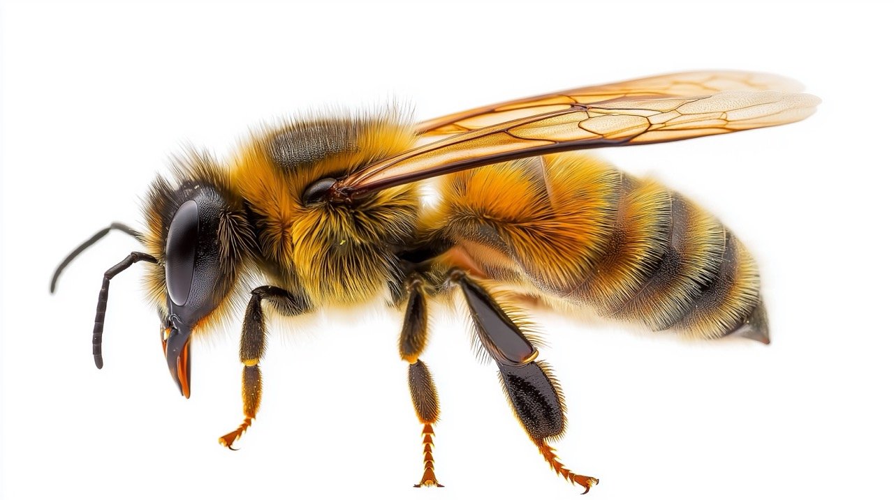 Side View Macro of Western Honey Bee (Apis Mellifera) – European Insects with Wings Isolated on White Background.