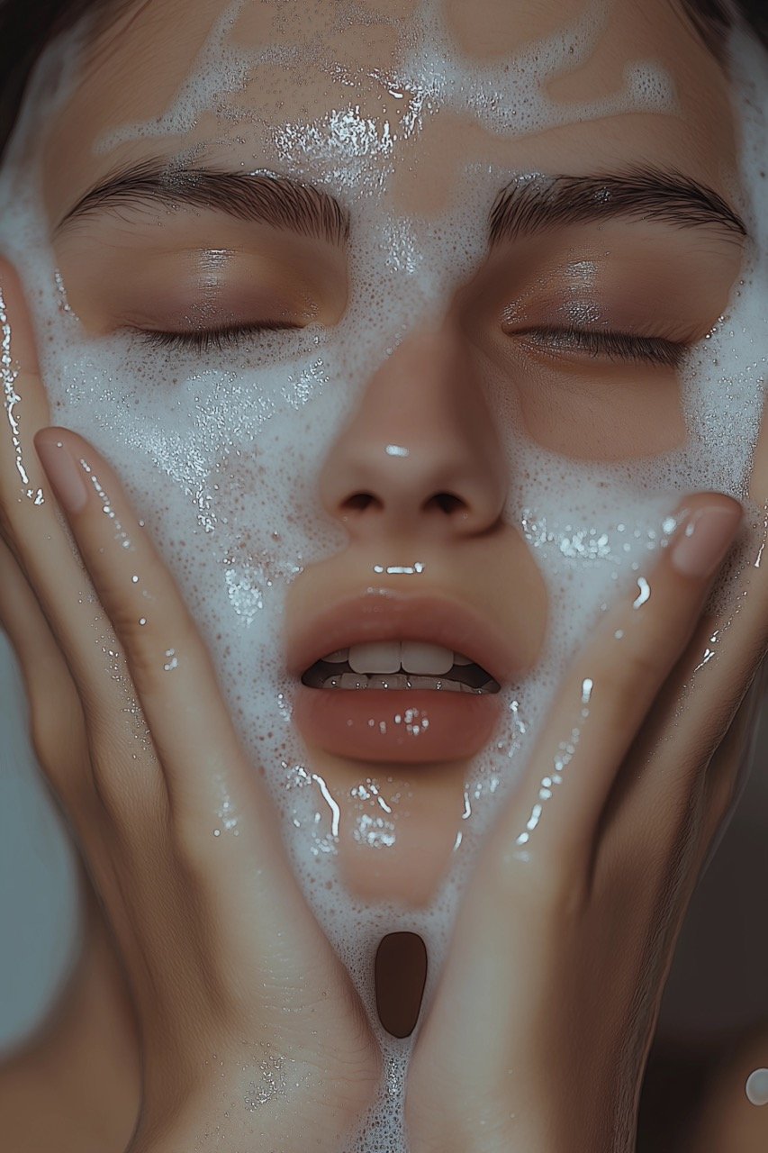 Slavic-Looking Girl Washing Face with Foam Cleanser Natural Beauty Skincare Stock Photo for Self-Care