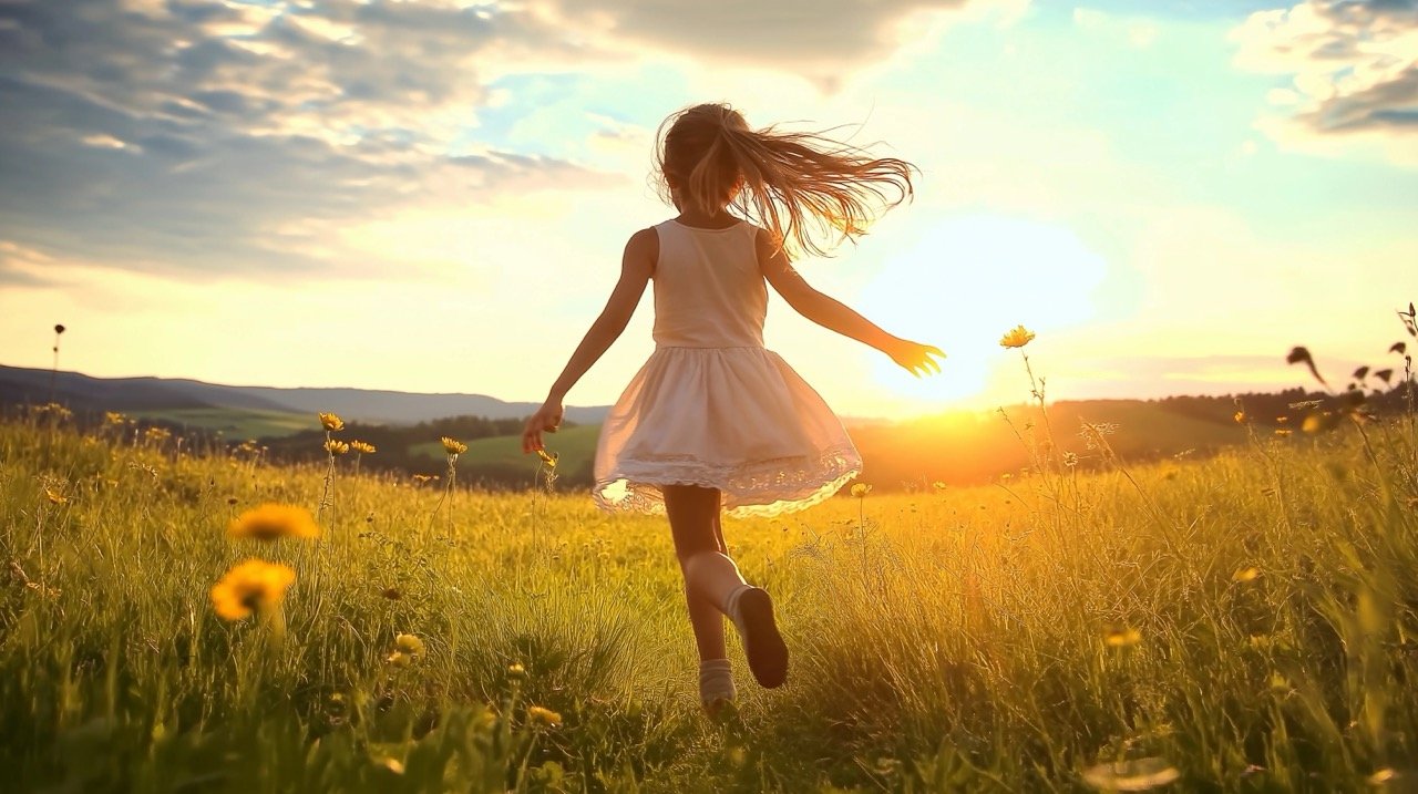 Slow-motion video of a girl running through a meadow at sunset, surrounded by nature’s beauty and serenity.