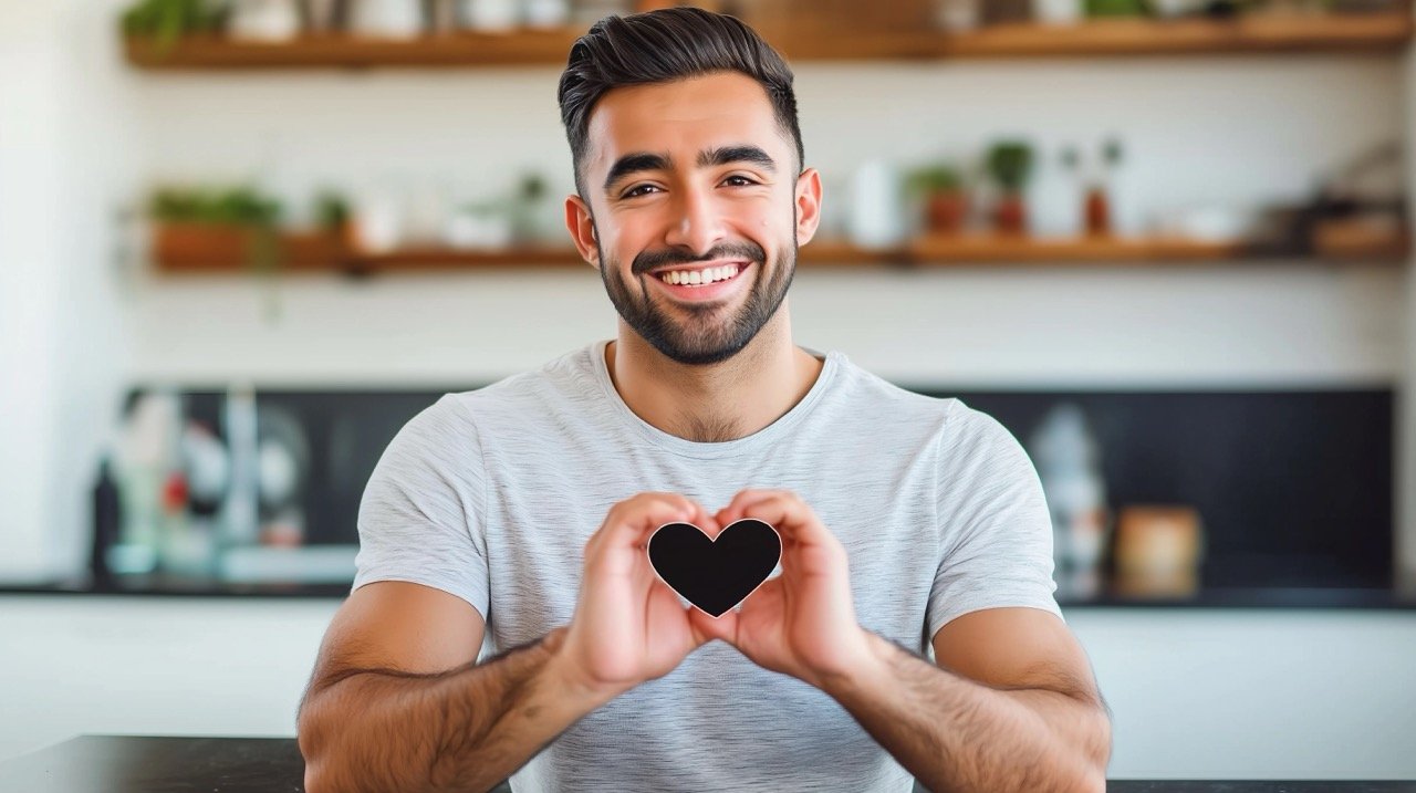 Smiling Hispanic man forming a heart shape with hands, expressing love and happiness at home