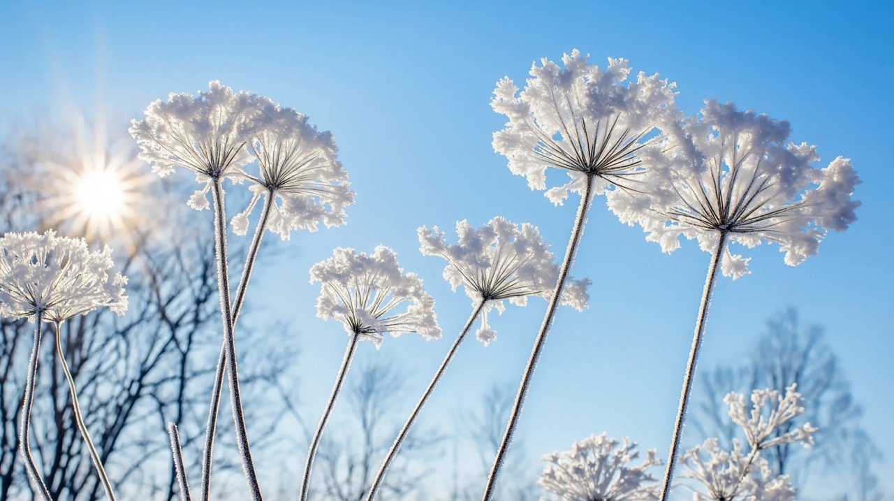 Snow-Covered Flower in Winter Frosty Plant Against a Bright Blue Sky in January Landscape