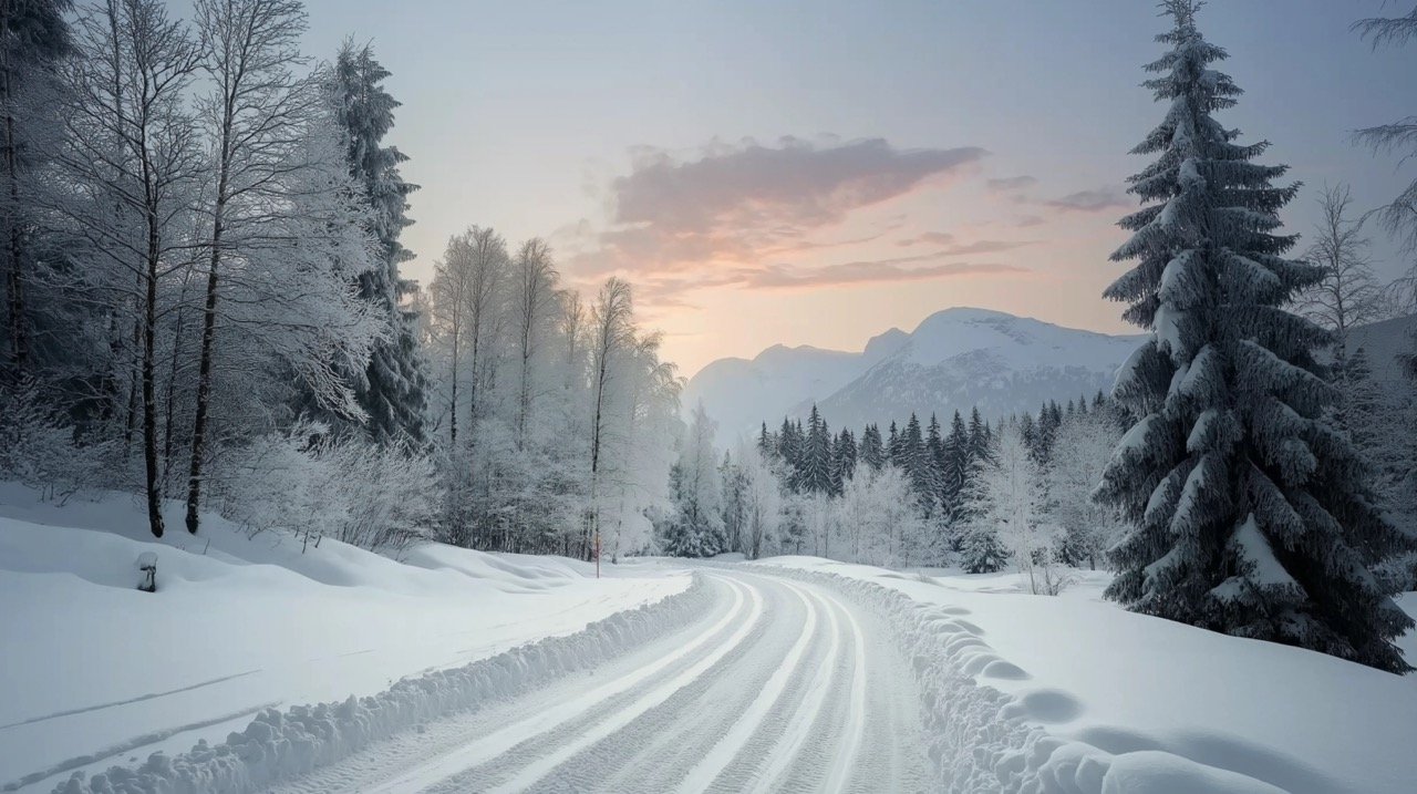 Snow-Covered Mountain Roads Glowing with Holiday Lights in a Stunning Winter Wonderland