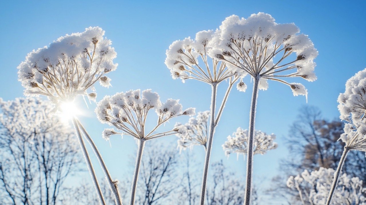 Snow-Covered Plant Against Blue Sky in Winter Frosted Flower in January for Beautiful Nature Photography