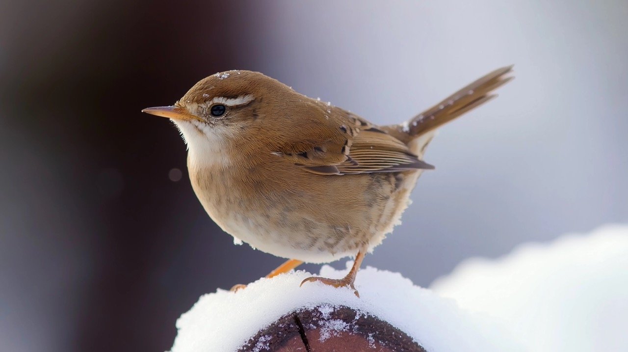 Snow-Covered Wren Captured in the UK Beautiful Winter Wildlife Stock Photo for Seasonal Nature Photography