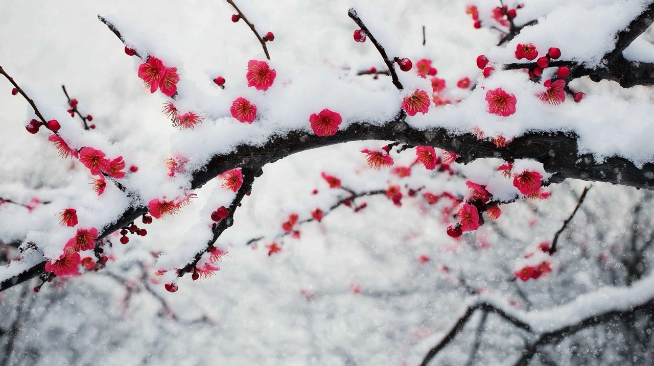 Snow-covered Japanese plum blossoms (Prunus mume) in winter, capturing the beauty of Japan’s floral landscape.