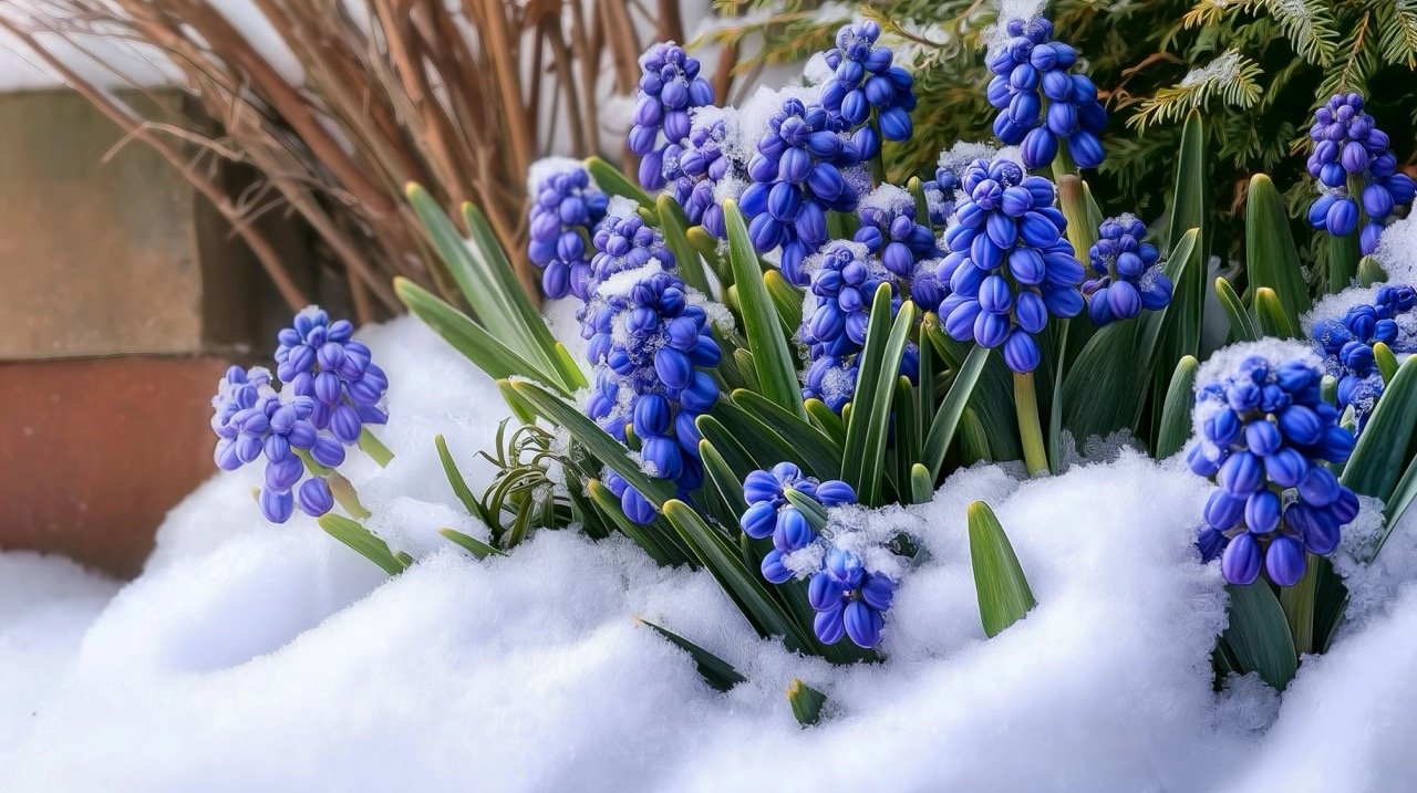 Snow-covered flowerbed with blue grape hyacinth flowers in March, signaling the arrival of spring.