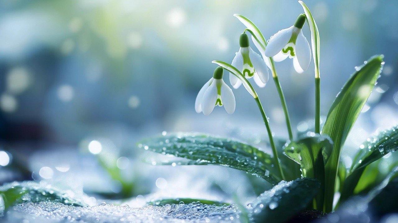 Snowdrops blooming in springtime garden with delicate water drops, showcasing the seasonal change from winter to spring.