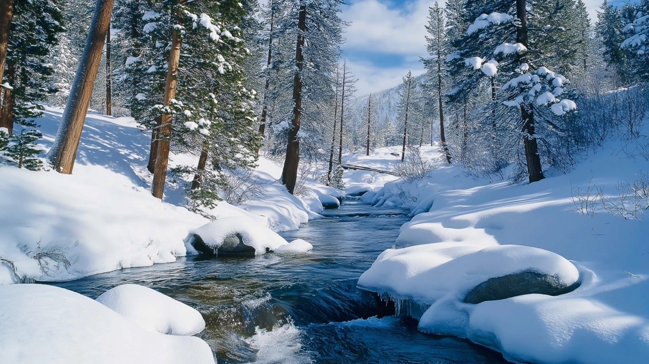 Snowy Cascade Creek in Lake Tahoe, California Stunning Winter Landscape with Snow-Covered River Scenery