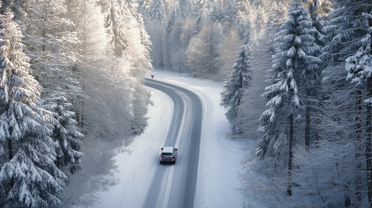 Snowy Road Leading Through Winter Forest with Mountain Views Serene Winter Landscape and Scenic Beauty