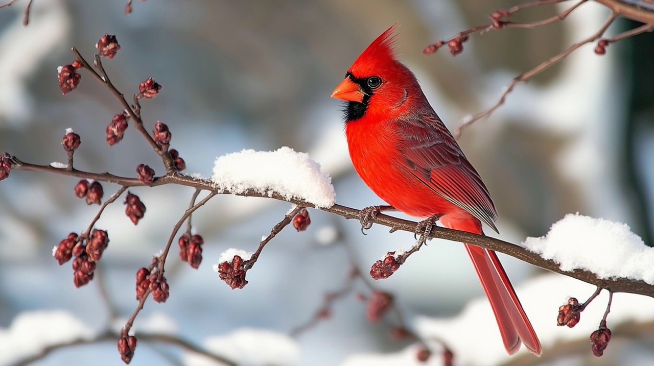 Snowy Winter Close-Up of Red Cardinal Bird Perched on Frosted Tree Branch Nature and Wildlife Stock Image