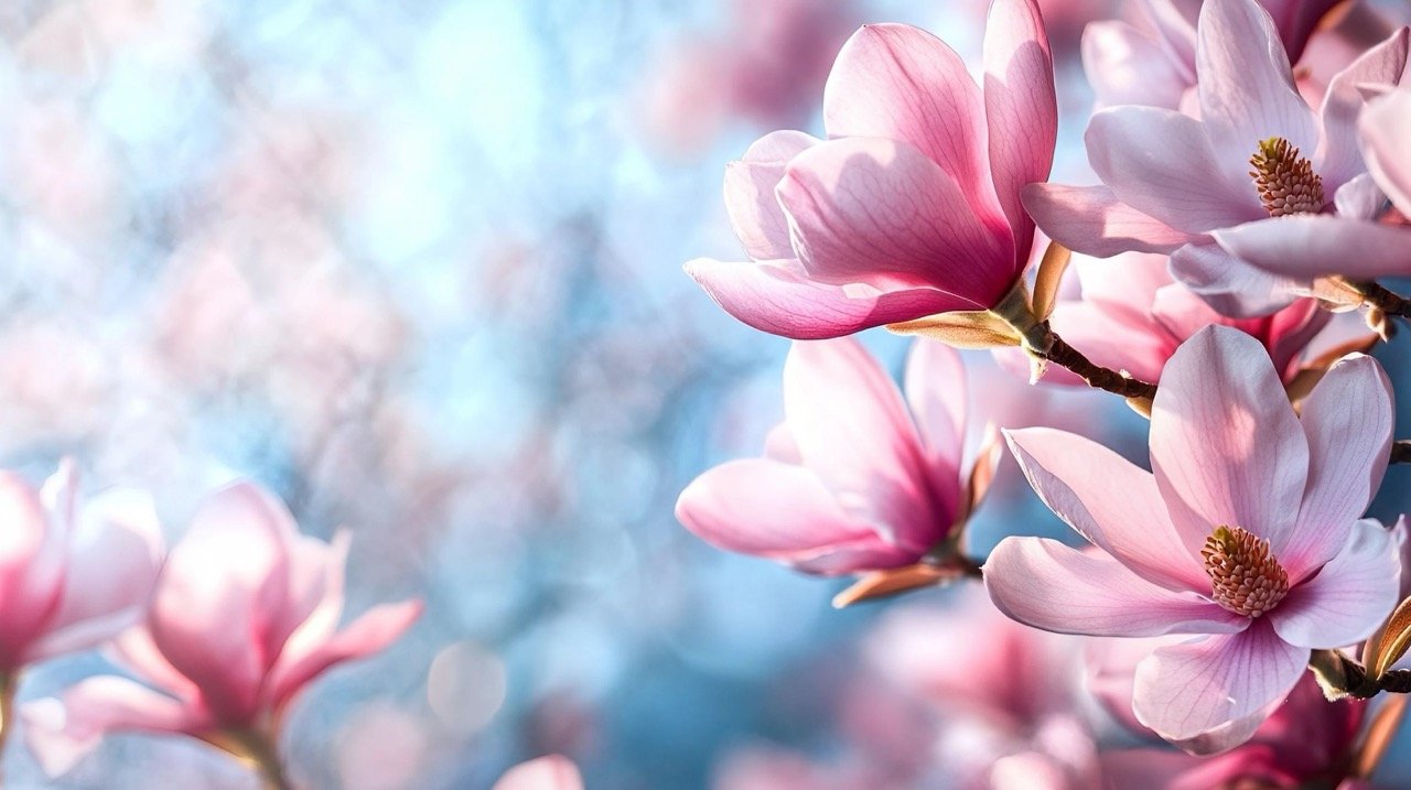 Soft pink magnolia flowers blooming in spring in NYC, highlighting tree elegance and seasonal beauty.