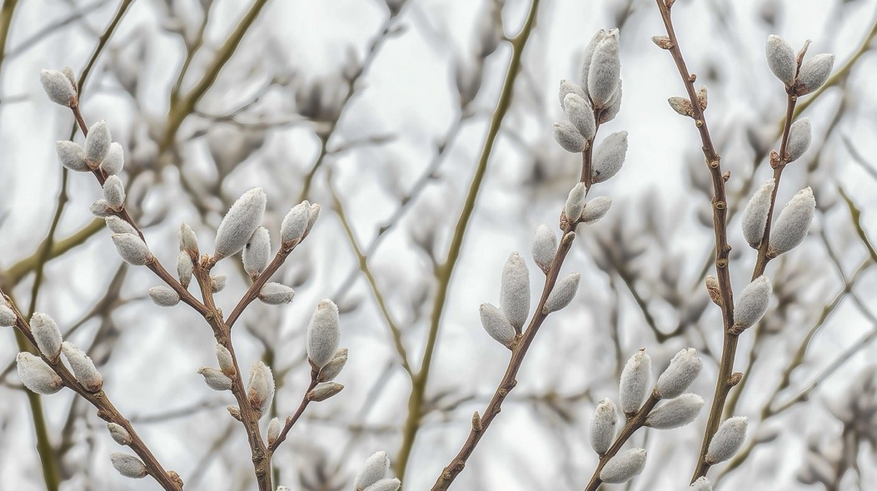 Soft white willow catkins in winter, capturing the delicate beauty of springtime nature and botany.