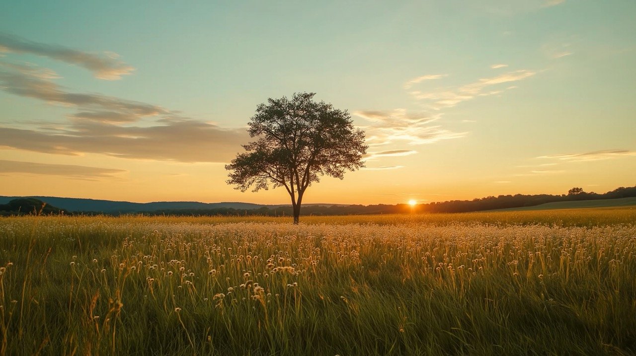 Solitary tree in the middle of a meadow at sunrise, captured in 8K time-lapse video.