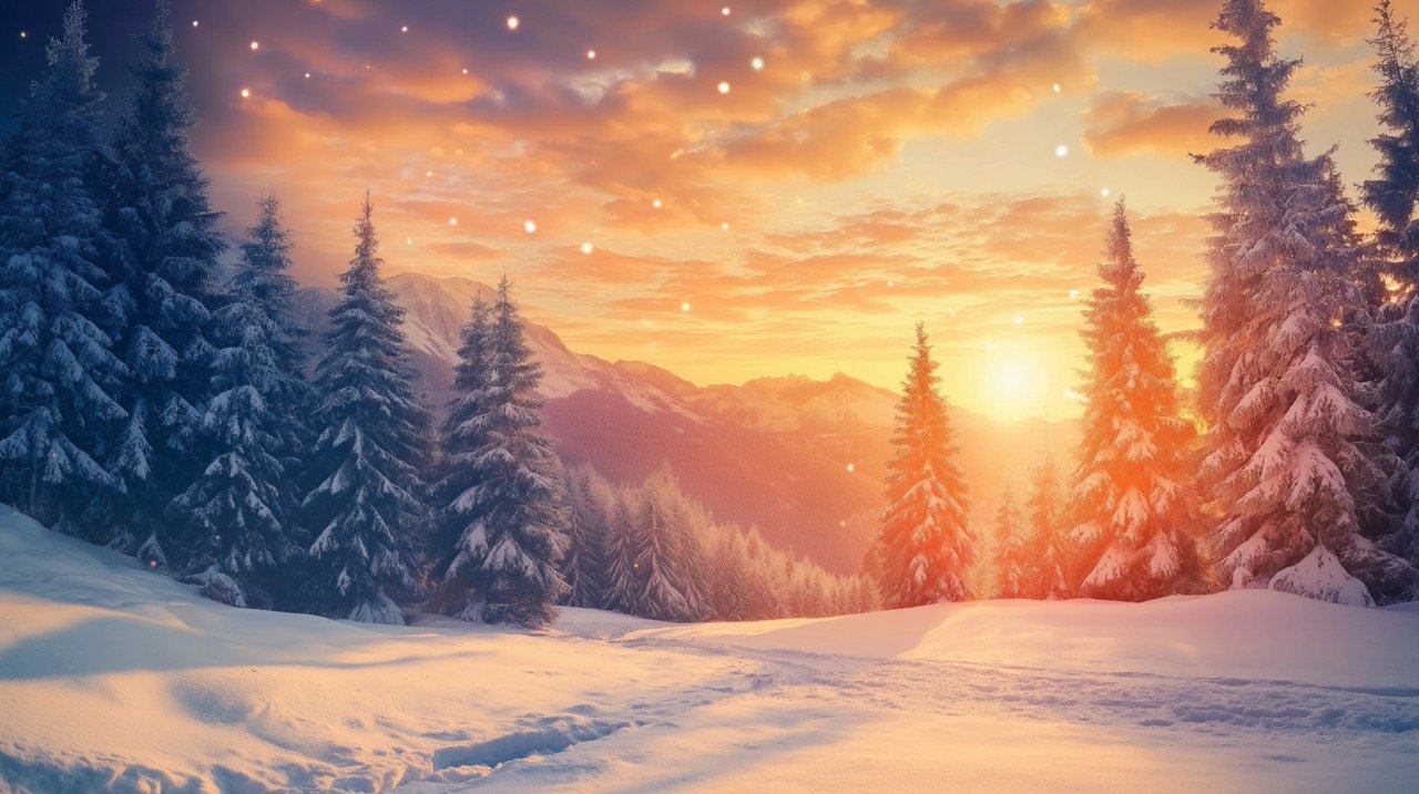 Splendid Christmas Scene in Snowy Mountain Forest at Night with Beautiful Sunset and Winter Landscape