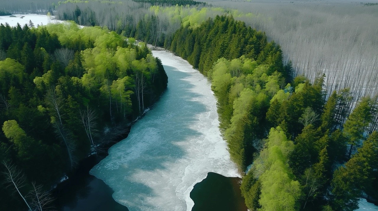 Springtime Boreal Forest and River Aerial Scene, Quebec Canada, Captured in 4K Quality