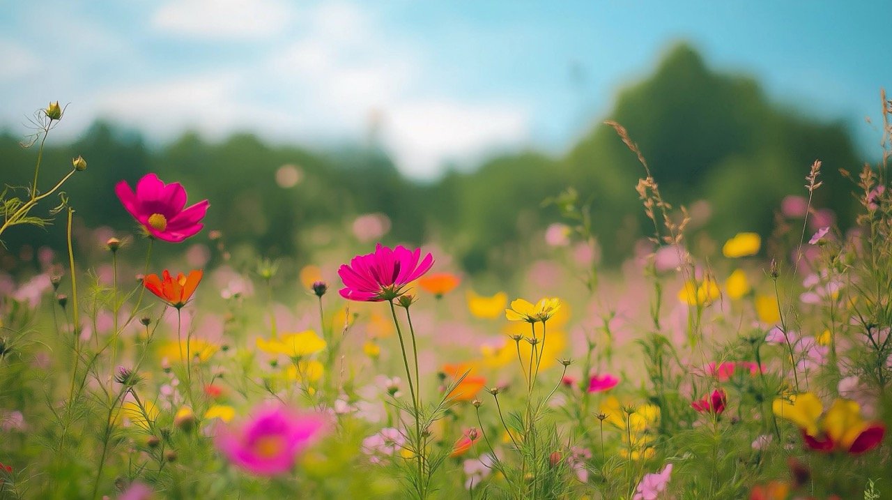 Springtime meadow with blooming flowers in an agricultural field, showcasing the beauty of summer and nature.