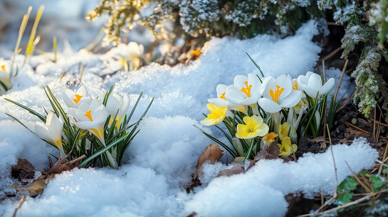 Springtime primroses and wild crocuses in snow, a beautiful representation of seasons, weather, and flower blooms.