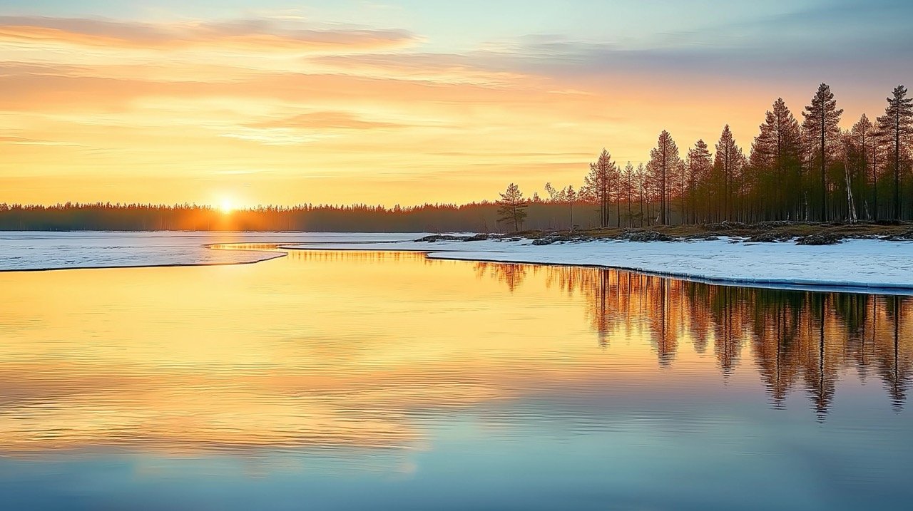 Springtime sunset in northern Finland with a river, melting ice, and serene lake views.